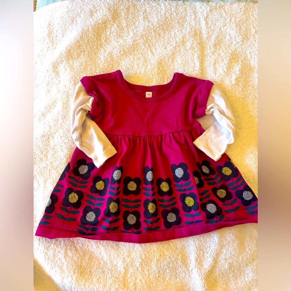 Tea Collection Layered Floral Red Dress with Long Sleeves